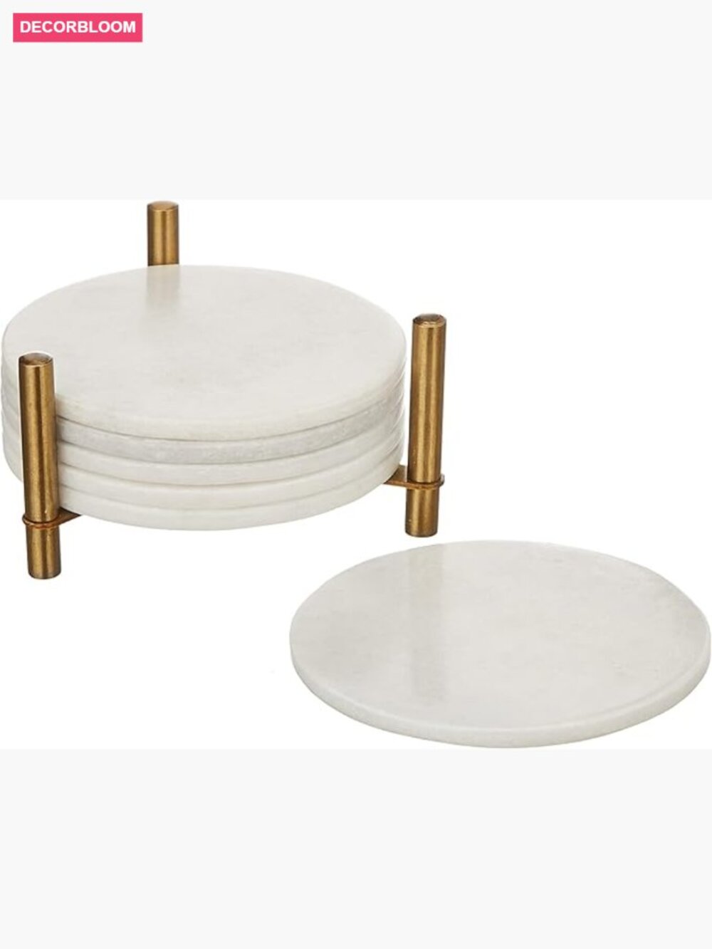 Natural Marble Coasters Set of 6 with Metal Holder, 3.5-Inch, 5 mm Thick,